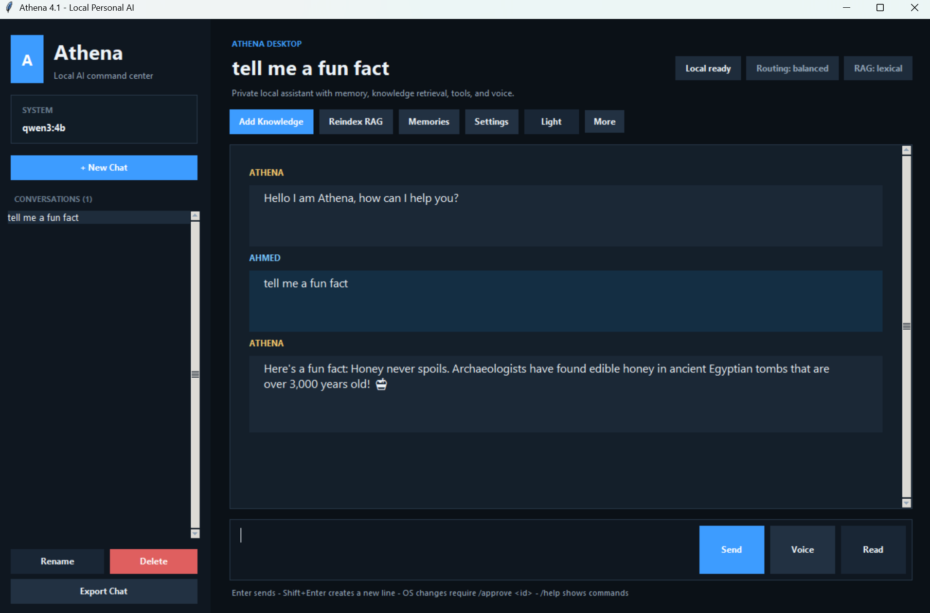Athena desktop assistant conversation view
